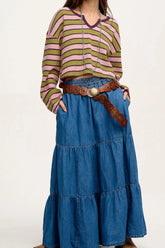 Striped Notched Long Sleeve T-Shirt OutfitFlow